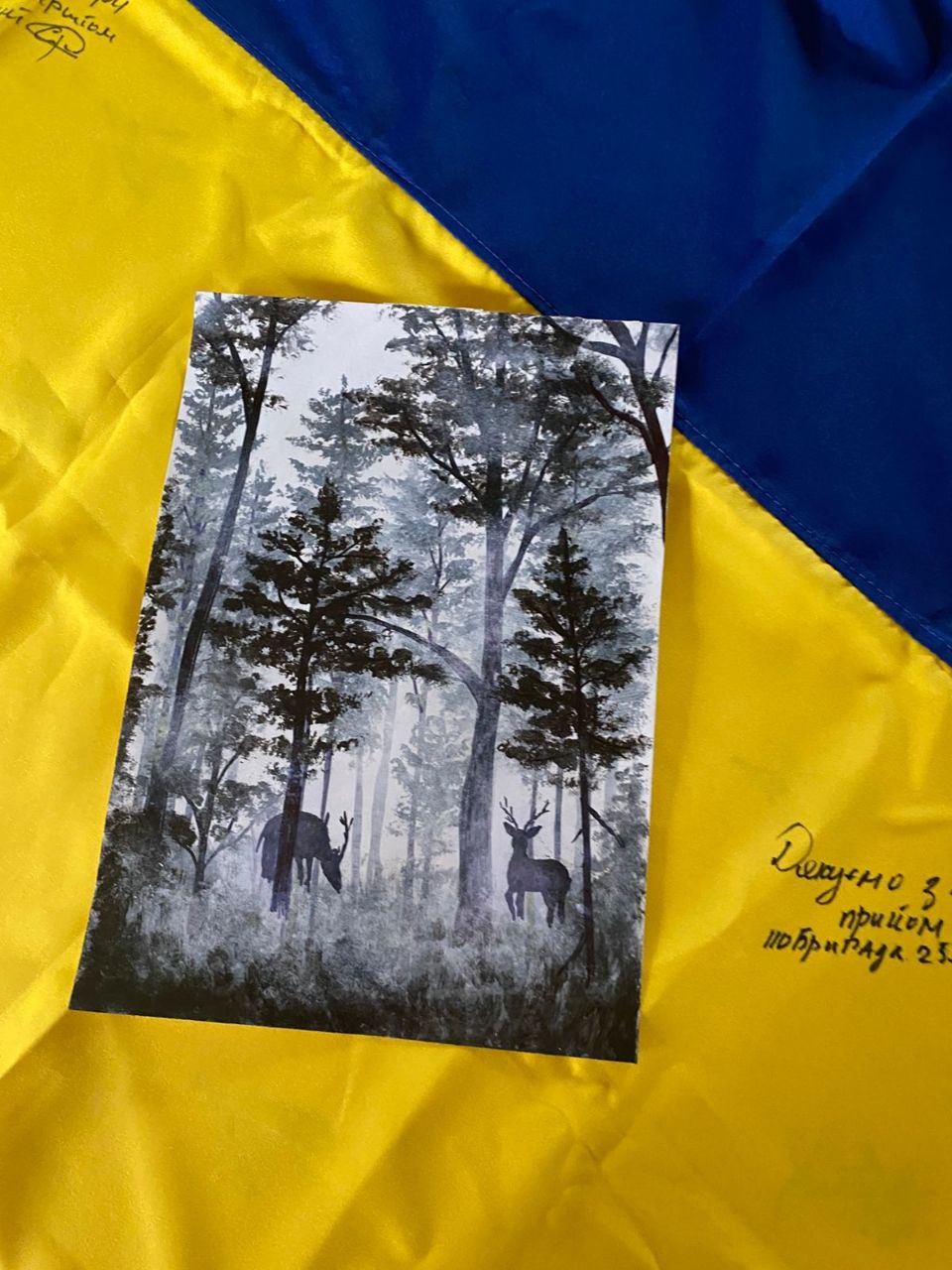 Картина з намальованими оленями в лісі лежить на українському прапорі